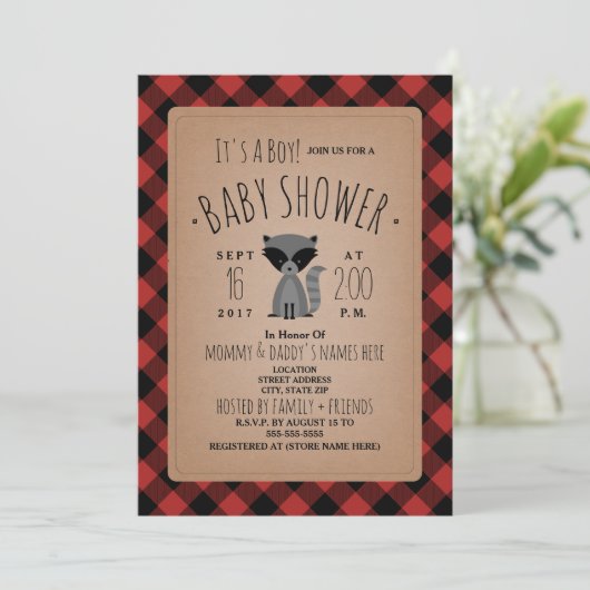 Raccoon Lumberjack Plaid Baby shower Invitation Kaart (Staand voorkant)