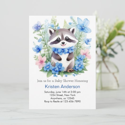 Raccoon Meadow Magic Blue Boy Baby shower Kaart (Staand voorkant)