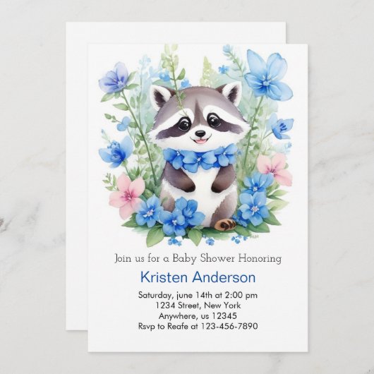 Raccoon Meadow Magic Blue Boy Baby shower Kaart (Voorkant / Achterkant)