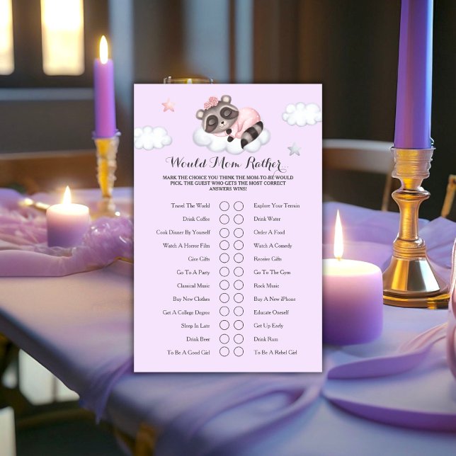 Raccoon Meisje Baby shower Spel Zou Mam Liever.. (Raccoon Girl Baby Shower Game Would Mom Rather..)