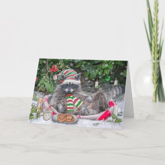 Raccoon Melk en Cookies Feestdagen Kaart (Voorkant)