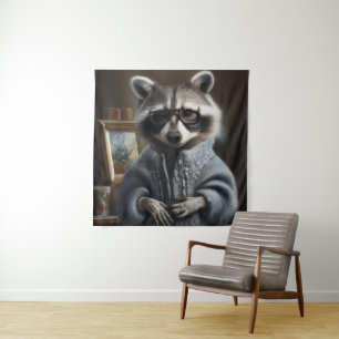 Raccoon met een tricot coating en een bril grappig wandkleed
