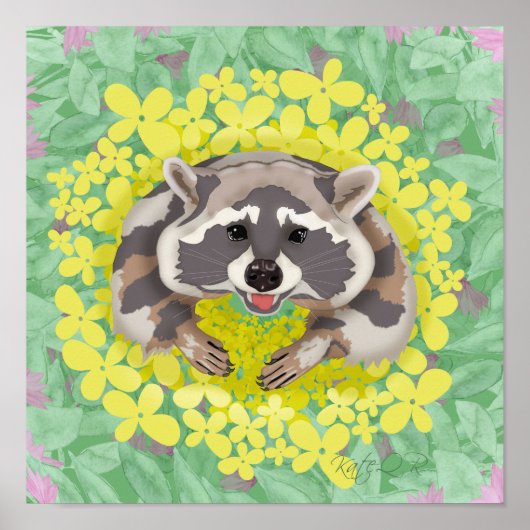 Raccoon met gele bloemen poster (Voorkant)