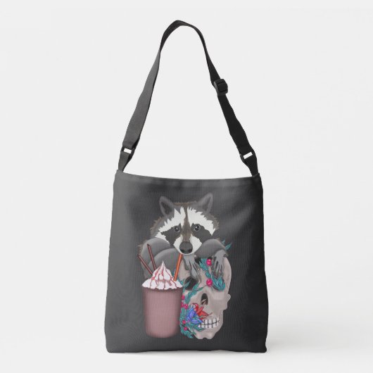 Raccoon met geur en schedel in bloemen (2) crossbody tas (Achterkant)