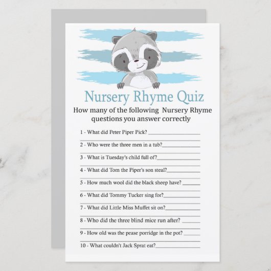 Raccoon Nursery Rhyme Quiz baby shower game (Voorkant / Achterkant)
