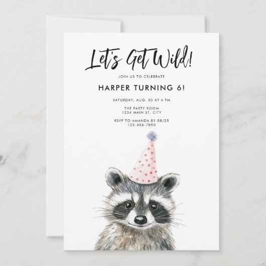 Raccoon Party Pet Kinder Woodland Verjaardag Kaart (Voorkant)