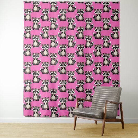 Raccoon Pattern Design Pink  Wandkleed (In situ)