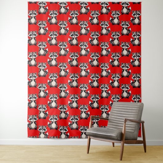Raccoon Pattern Design Red  Wandkleed (In situ)