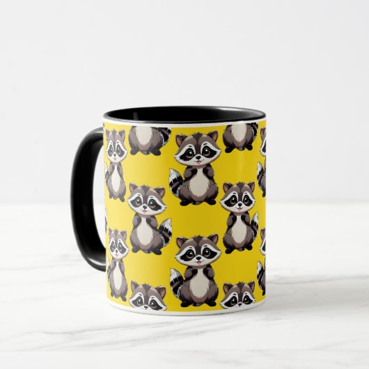 Raccoon Pattern Design Yellow  Mok (Voorkant links)