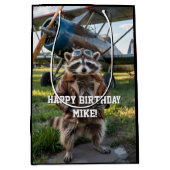 Raccoon Pilot Airplane Funny Photo Birthday Custom Medium Cadeauzakje (Voorkant)