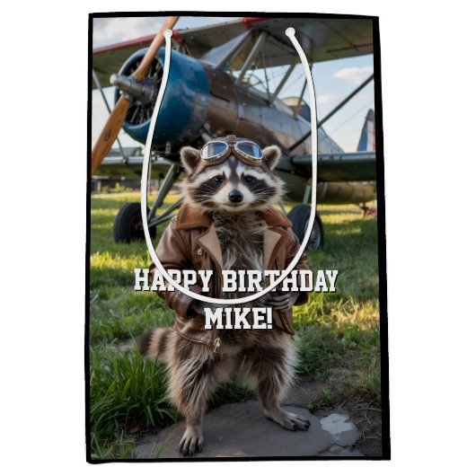 Raccoon Pilot Airplane Funny Photo Birthday Custom Medium Cadeauzakje (Voorkant)