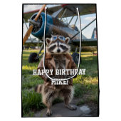 Raccoon Pilot Airplane Funny Photo Birthday Custom Medium Cadeauzakje (Achterkant)