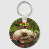 Raccoon schedel oud logboek met varens en rode Mon Sleutelhanger (Voorkant)