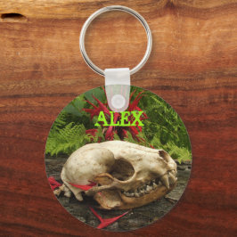 Raccoon schedel oud logboek met varens en rode Mon Sleutelhanger