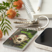 Raccoon schedel oud logboek met varens en rode Mon Sleutelhanger (Voorkant Rechts)