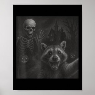 Raccoon Selfie met Skeleton Funny Raccoon Hallowe Poster