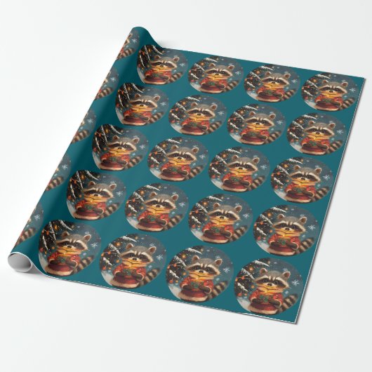 Raccoon sneeuw kerstliedjes cadeaupapier (Uitgerold)