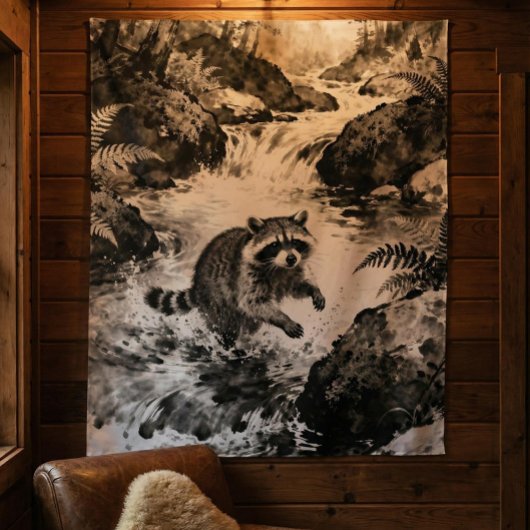 Raccoon Stream Tapestry | Forest Wildlife Art  Wandkleed