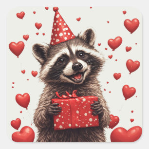 🎂 Raccoon Verjaardagsfeest Met Ballonnen Vierkante Sticker
