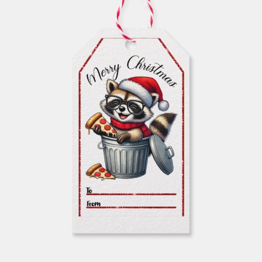 Raccoon viert vrolijk kerstpizza! cadeaulabel (Achterkant)