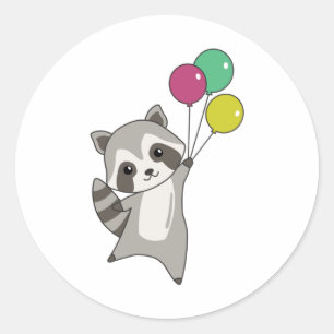 Raccoon vliegt ballonnen boven stutdieren voor kin ronde sticker