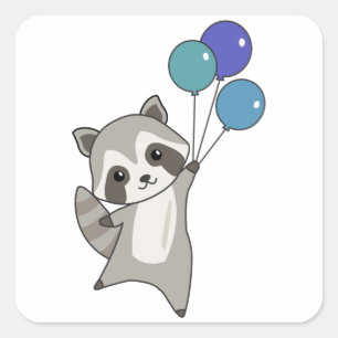 Raccoon vliegt ballonnen boven stutdieren voor kin vierkante sticker