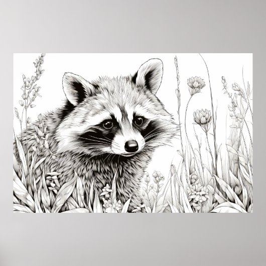 Raccoon Vreedzame Natuur Prairie Schets Tekenkunst Poster (Voorkant)
