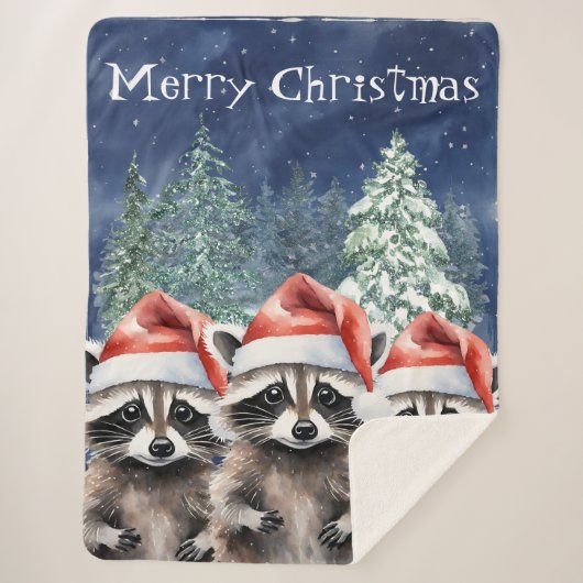Raccoon Vrolijk Kerstfeest Sherpa Deken (Voorkant)