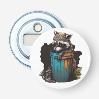 Raccoon vuilnis panda met zijn vuilnisbak button flesopener