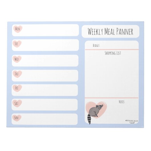 Raccoon Weekly Meal Planer notitieblok (Voorkant)
