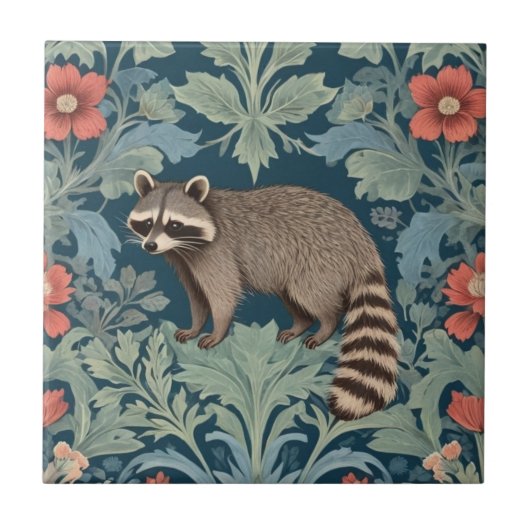Raccoon William Morris stijl Links Facing Floral Tegeltje (Voorkant)