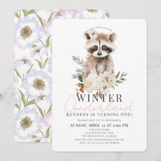 Raccoon Winter Onederland Meisje 1e Verjaardag Kaart