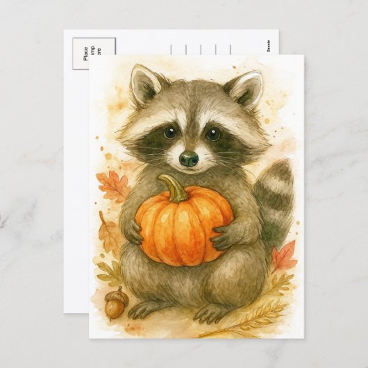 Raccoon with Pumpkin Thanksgiving Postcard Feestdagenkaart (Voorkant / Achterkant)