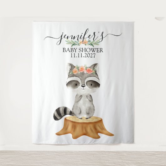 Raccoon Woodland Animals Baby Shower backdrop Wandkleed (Voorkant)