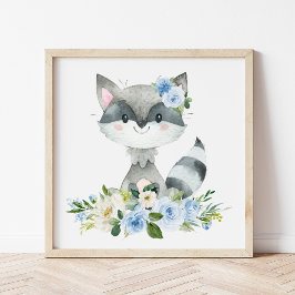 Raccoon, Woodland Animals, Boho, Blue Flowers Foto Afdruk