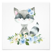 Raccoon, Woodland Animals, Boho, Blue Flowers Foto Afdruk (Voorkant)