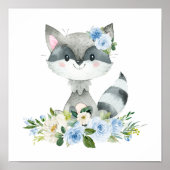 Raccoon, Woodland Animals, Boho, Blue Flowers Poster (Voorkant)