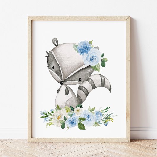 Raccoon, Woodland Animals, Boho, Blue Flowers Poster