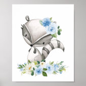 Raccoon, Woodland Animals, Boho, Blue Flowers Poster (Voorkant)