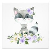 Raccoon, Woodland Animals, Boho, Purple Flowers Foto Afdruk (Voorkant)