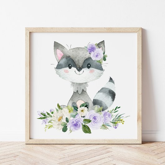 Raccoon, Woodland Animals, Boho, Purple Flowers Foto Afdruk
