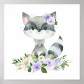 Raccoon, Woodland Animals, Boho, Purple Flowers Poster (Voorkant)