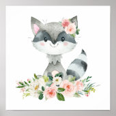 Raccoon, Woodland Animals, Boho, Roze Bloemen Poster (Voorkant)