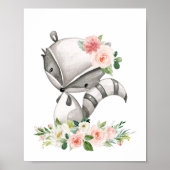 Raccoon, Woodland Animals, Boho, Roze Bloemen Poster (Voorkant)