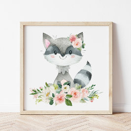Raccoon, Woodland Animals, Boho, Roze Bloemen Poster