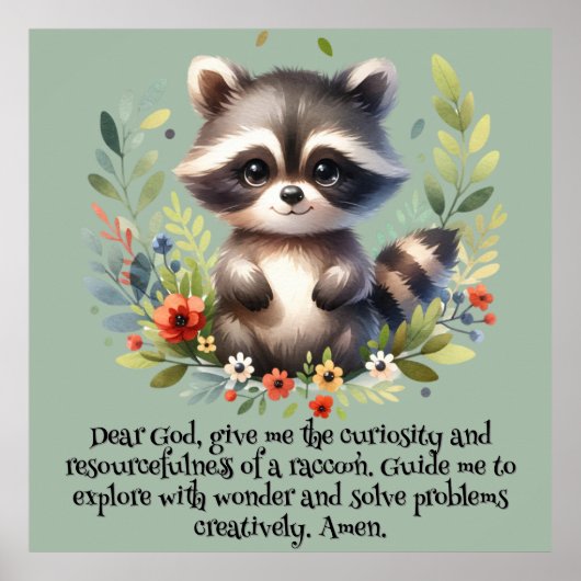 Raccoon Woodland Kinder Christelijke Gebed op Blau Poster (Voorkant)