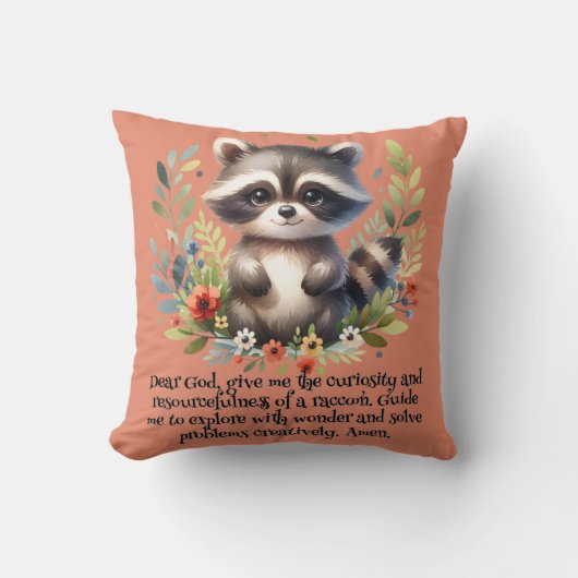 Raccoon Woodland Kinder Christelijke Gebed op Roze Kussen (Voorkant)