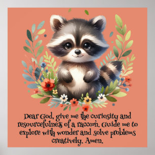 Raccoon Woodland Kinder Christelijke Gebed op Roze Poster
