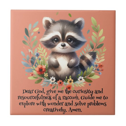 Raccoon Woodland Kinder Christelijke Gebed op Roze Tegeltje (Voorkant)