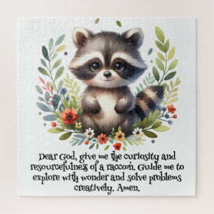 Raccoon Woodland Kinder Christelijke Gebed op Wit  Legpuzzel